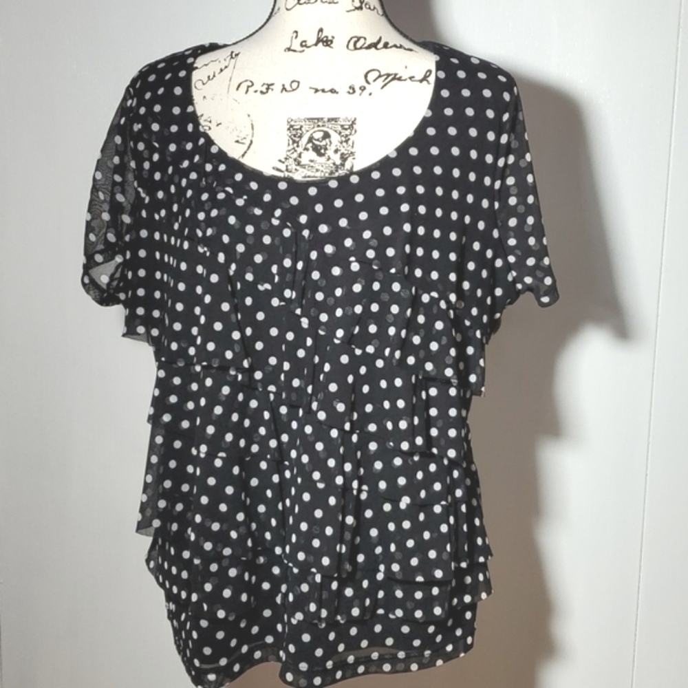 212 Collection| Black/White Polka Dot Flirty Ruffles Top Chiffon Flowy Sz.1X
